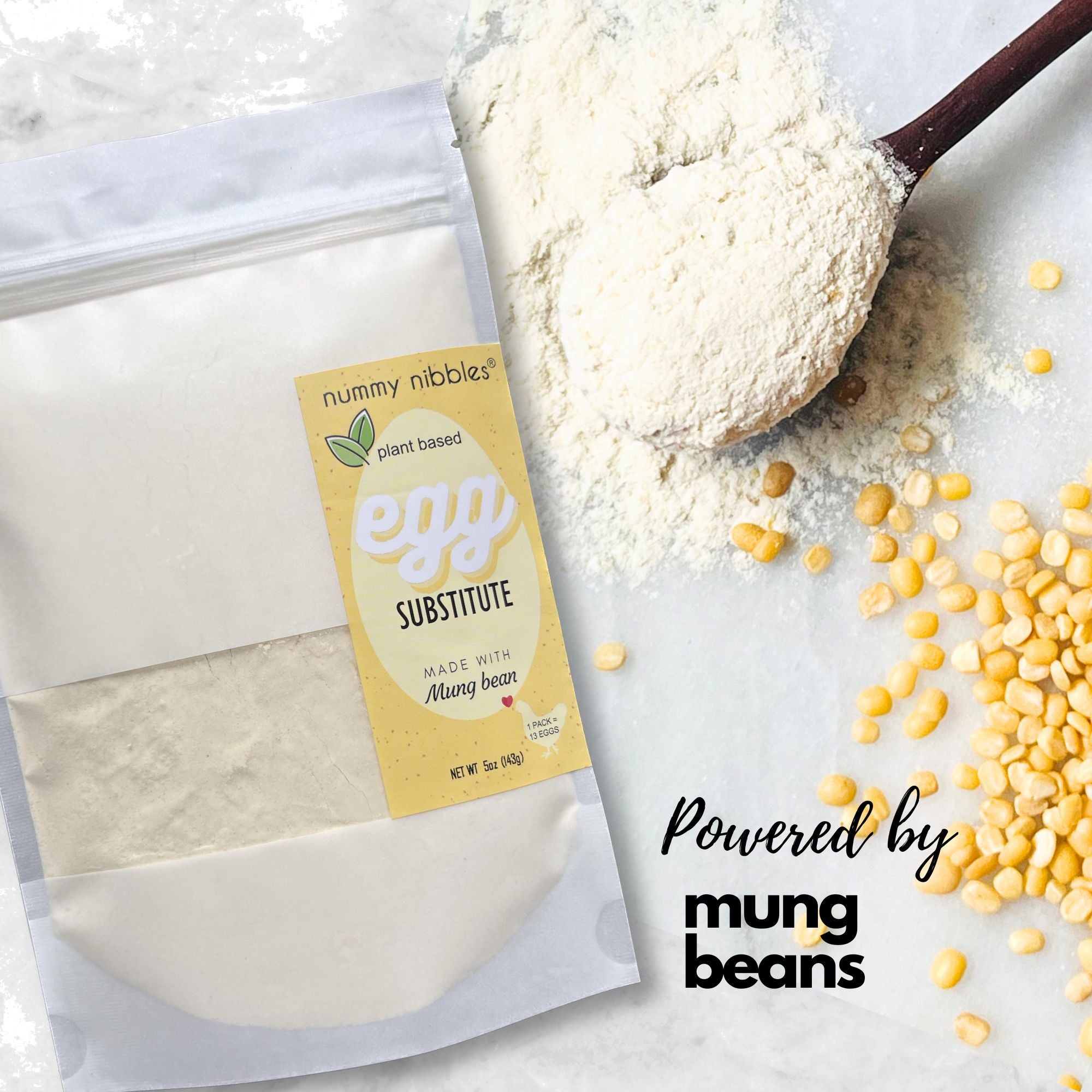Pouch of Mung Bean Based Vegan Egg Substitute Powder with caption Powered by Mung Beans