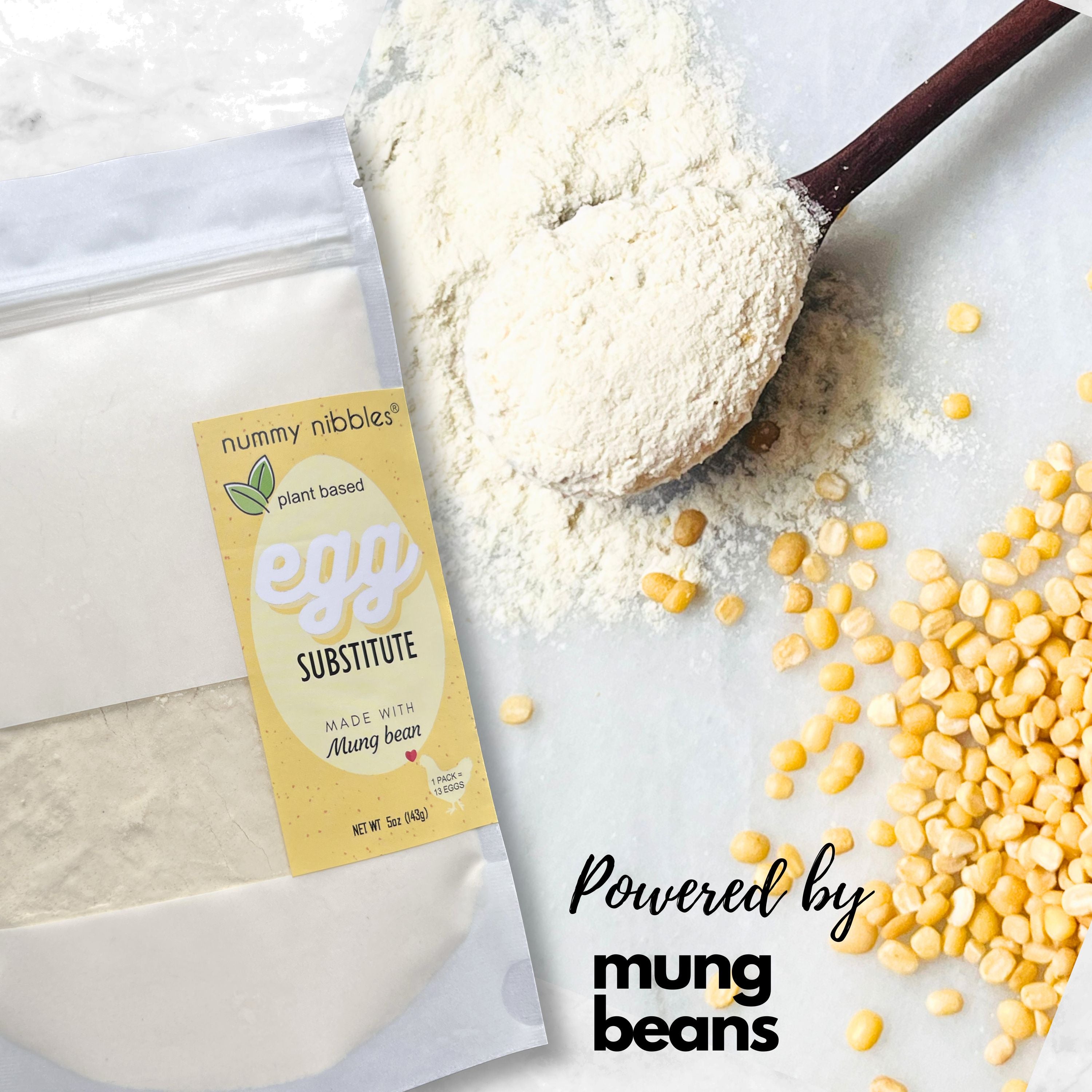 Nummy Nibbles Vegan Egg Substitute Powdered Mix with caption powered by mung beans